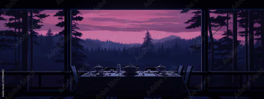 Elegant dinning room with a view on a purple sunset forest, in a minimalist and retro style, with flat colors and simple shapes.