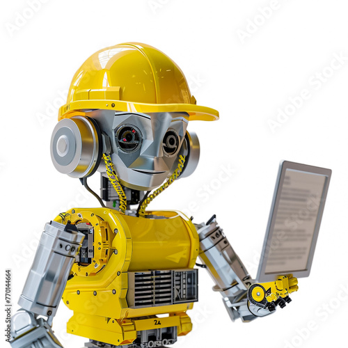 Robot wearing a factory helmet on white backbround