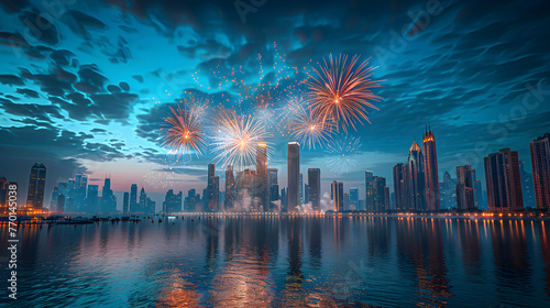Fireworks exploding over a city skyline with reflections in the water, digital render of an imaginary city with beautiful new year's eve or fourth of july festival fireworks
