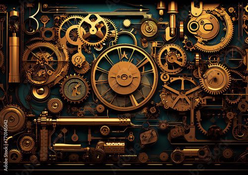 ornate steampunk machine with golden gears, cogs and mechanisms on dark blue background, digital art, intricate, detailed, 3D rendering