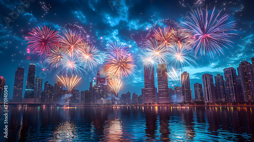 Fireworks exploding over a city skyline with reflections in the water, digital render of an imaginary city with beautiful new year's eve or fourth of july festival fireworks