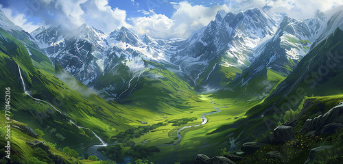 A majestic mountain range with snow-capped peaks, lush green valleys, and a winding river.