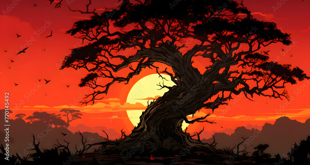 an illustration of a sunset and a tree