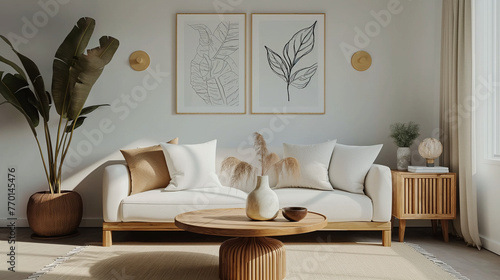 Round wooden coffee table with white sofa. Scandinavian interior design for a modern living room