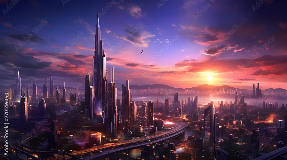 panoramic view of the skyline of shanghai at sunset