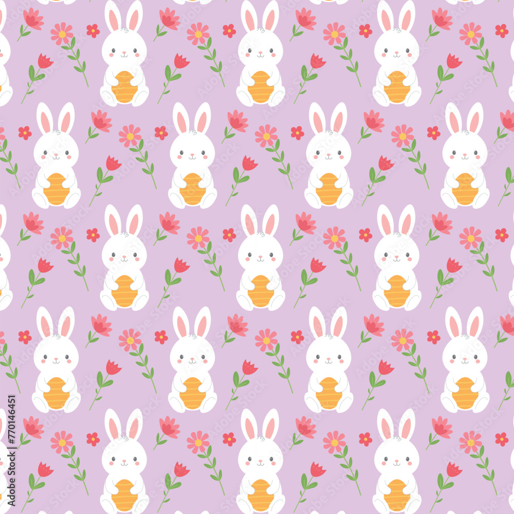 Easter pattern, white rabbit holding an orange egg with pink and red flowers on a light purple background Easter pattern, white rabbit holding an orange egg with pink and red flowers on a light purple background