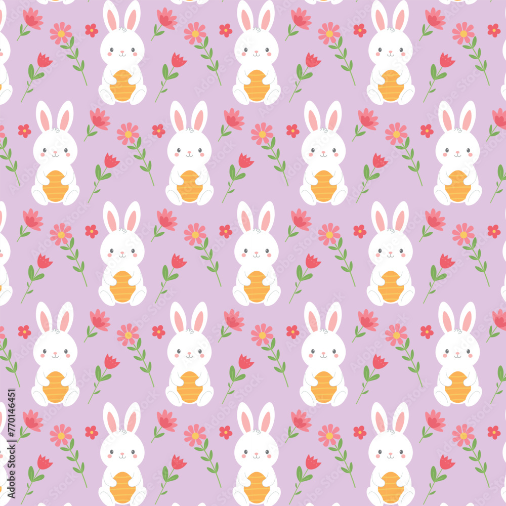 Easter pattern, white rabbit holding an orange egg with pink and red flowers on a light purple background