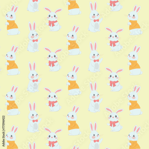 Fototapeta Naklejka Na Ścianę i Meble -  Playful and cute pattern featuring cartoon bunnies. Easter bunnies in different outfits and in different poses, pattern, isolated