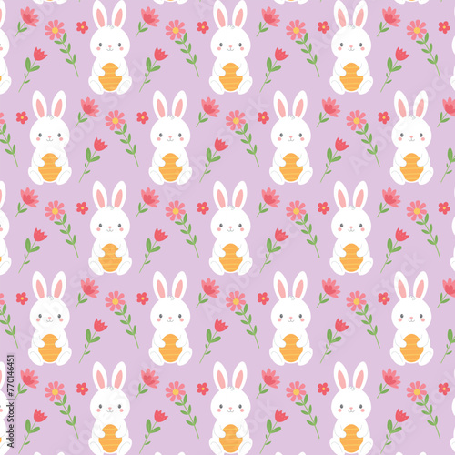 Easter pattern  white rabbit holding an orange egg with pink and red flowers on a light purple background