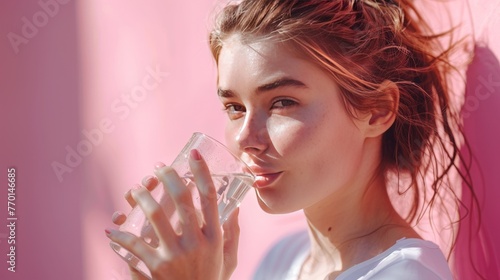 A beautiful girl drinks water