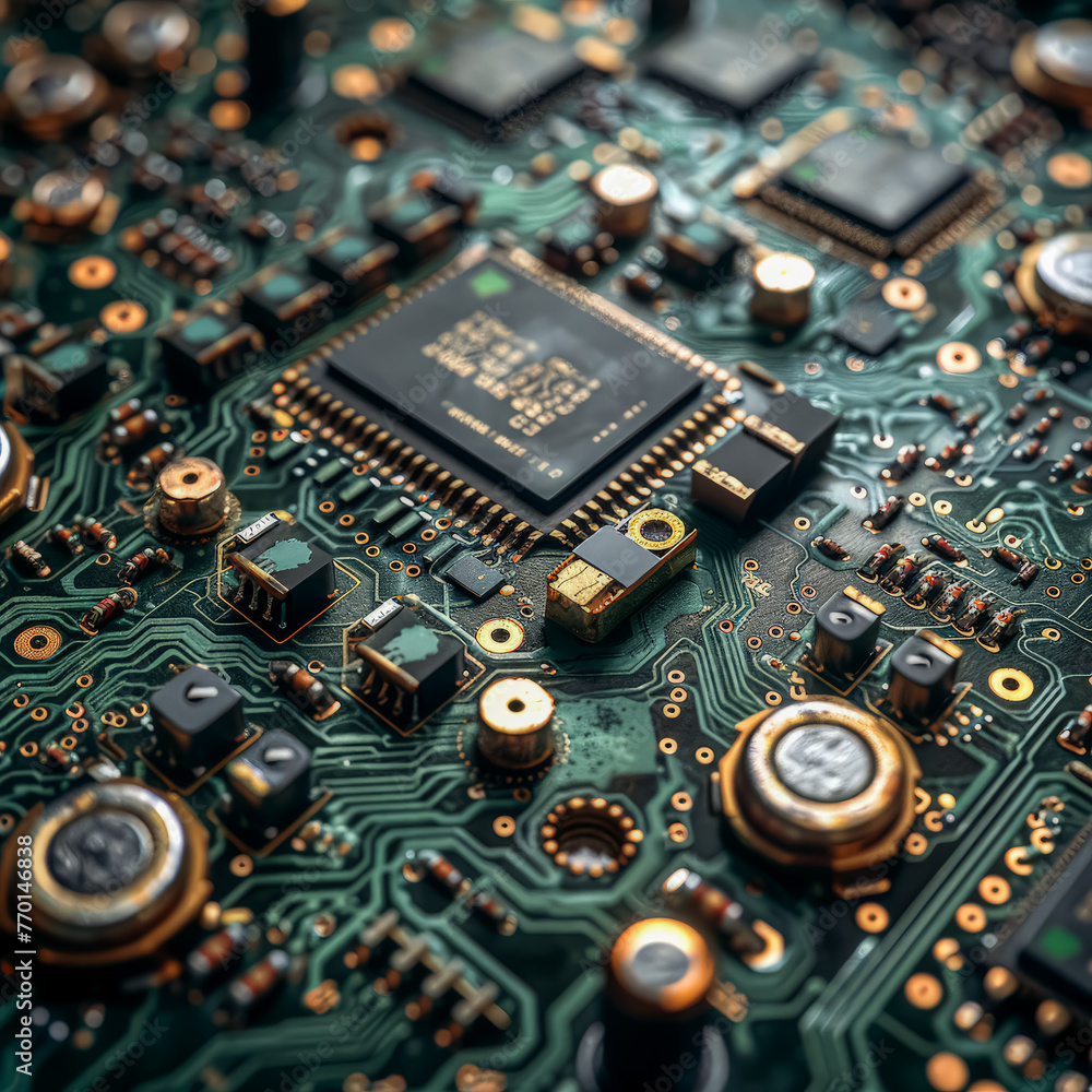 A computer chip is shown. The chip is green and has a lot of small parts on it