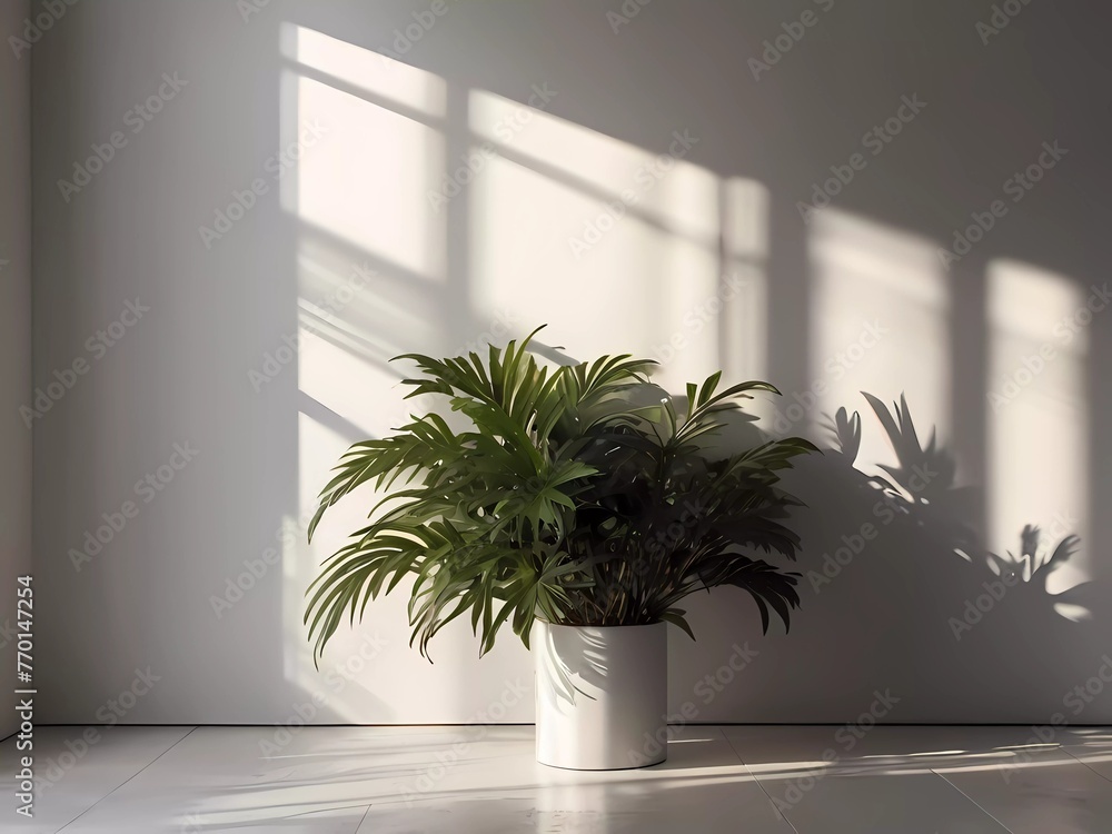 Minimalistic light background with blurred foliage shadow on a white wall with free space for product display Minimalistic light background with blurred foliage shadow on a white wall with free space for product display