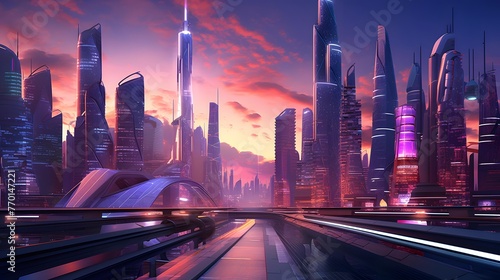 Highway in modern city at sunset. Panoramic illustration.