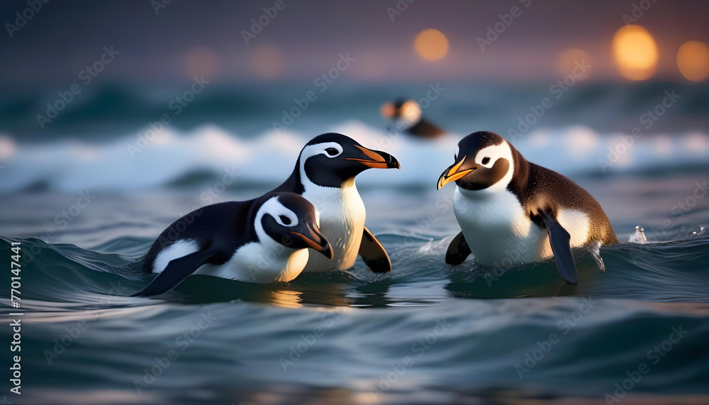 Fototapeta premium A group of penguins swimming in the ocean at night during a storm, with dramatic lighting