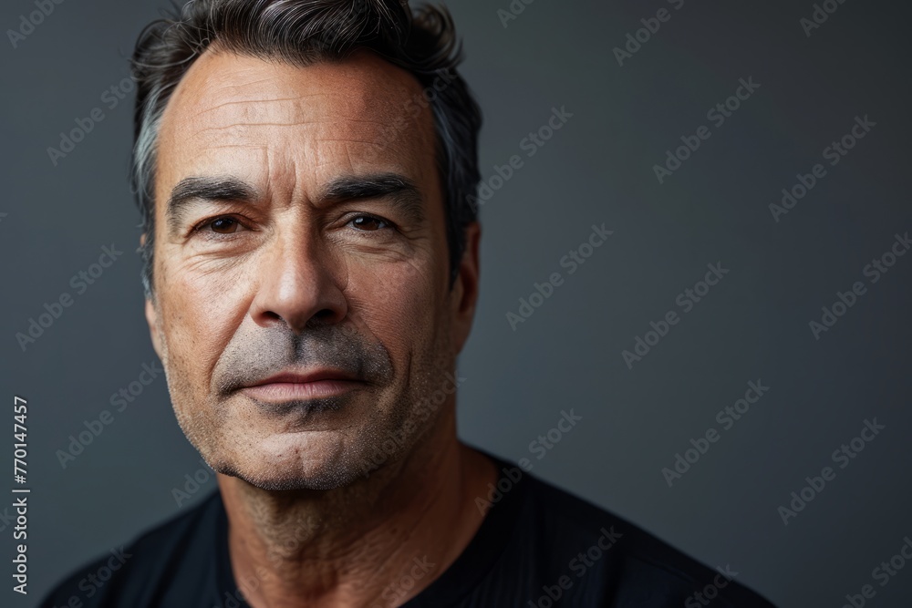 Portrait of mature man looking at camera against grey background with copy space Portrait of mature man looking at camera against grey background with copy space