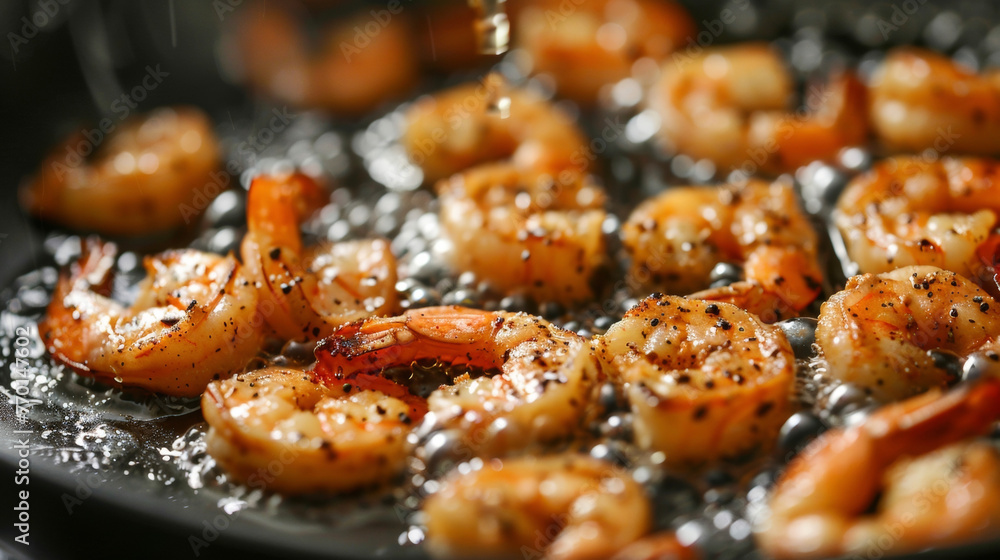 Fresh shrimp sizzling in a hot frying pan, being cooked to perfection.