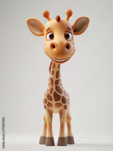A close up of a giraffe toy on a white surface.