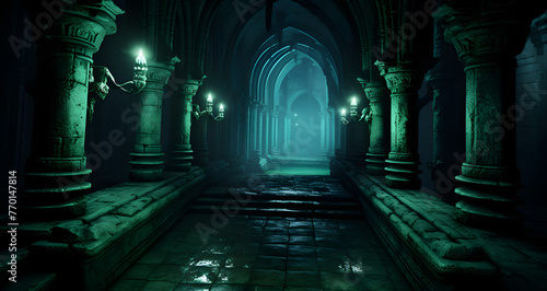 a dark and creepy church with stone columns and green lights © Michael