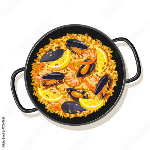 Traditional Spanish paella food isolated on a white background. 
