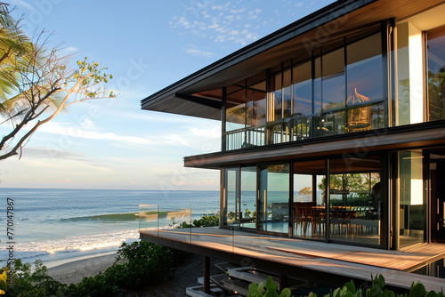 A modernist beachfront residence with a cantilevered design, expansive glass walls, and direct access to the beach.