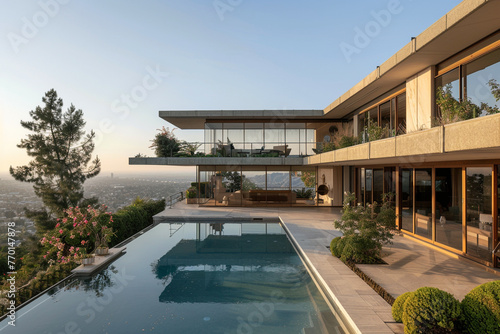 A modernist mansion with a striking facade, a spacious courtyard, and an infinity pool overlooking the city. © Image Studio