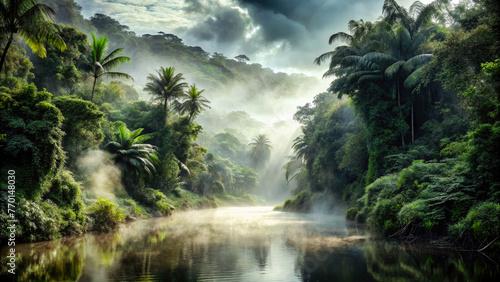 Tropical jungle waterfall surrounded by lush greenery, rocks, and trees, with a flowing river beneath, exotic wallpaper. Generative ai