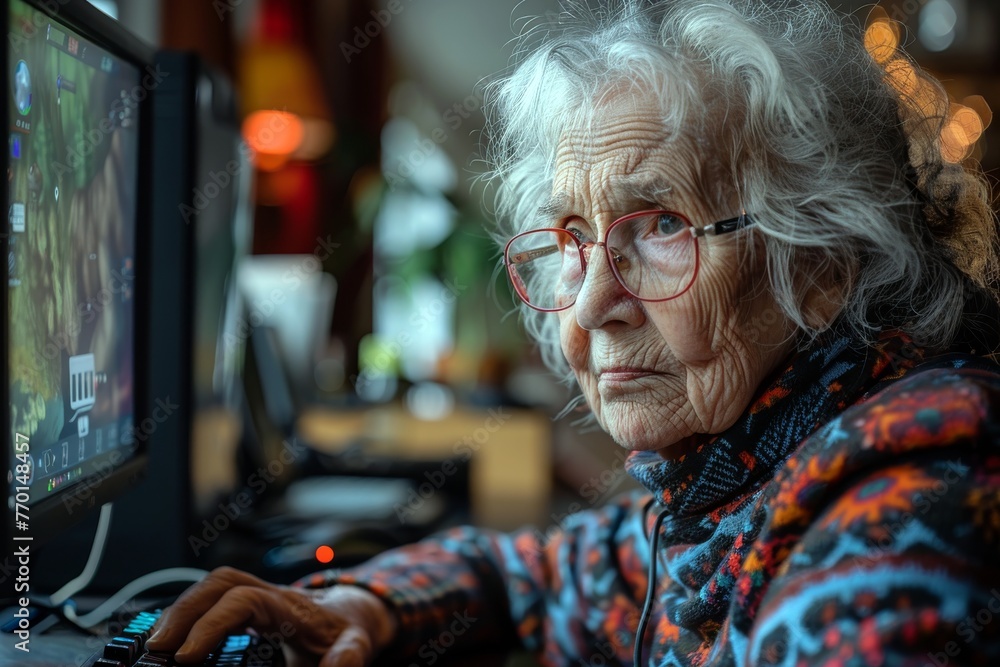 Elderly woman concentrating on computer game - obrazy, fototapety, plakaty 