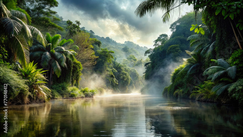 Tropical jungle waterfall surrounded by lush greenery, rocks, and trees, with a flowing river beneath, exotic wallpaper. Generative ai