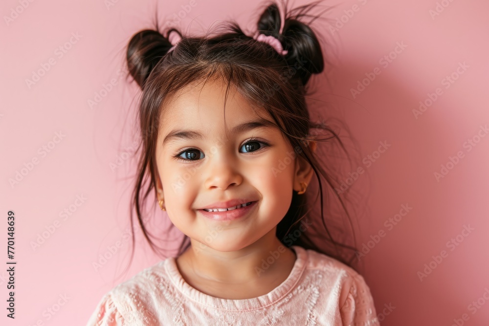 Portrait of a cute smiling little girl on a pink background. Portrait of a cute smiling little girl on a pink background.