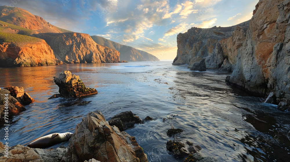 A serene coastal inlet with calm waters and rocky cliffs, where seals bask in the sun