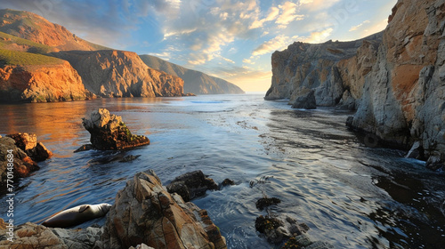 A serene coastal inlet with calm waters and rocky cliffs, where seals bask in the sun