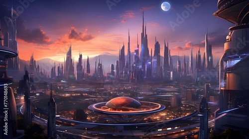 Futuristic city panorama at sunset, Dubai, United Arab Emirates