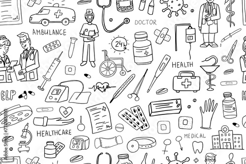 Seamless pattern of healthcare and medicine vector illustration. Health, pill, pharmacy, ambulance, doctor. Vector illustrations EPS 10 in doodle style.