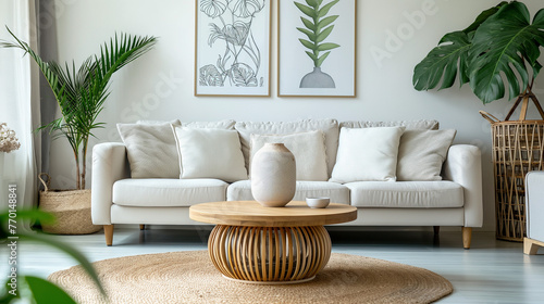 Round wooden coffee table with white sofa. Scandinavian interior design for a modern living room