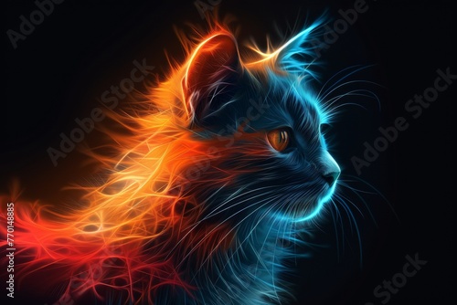 A close up of a cat on a black background. A magical creature made of fire.