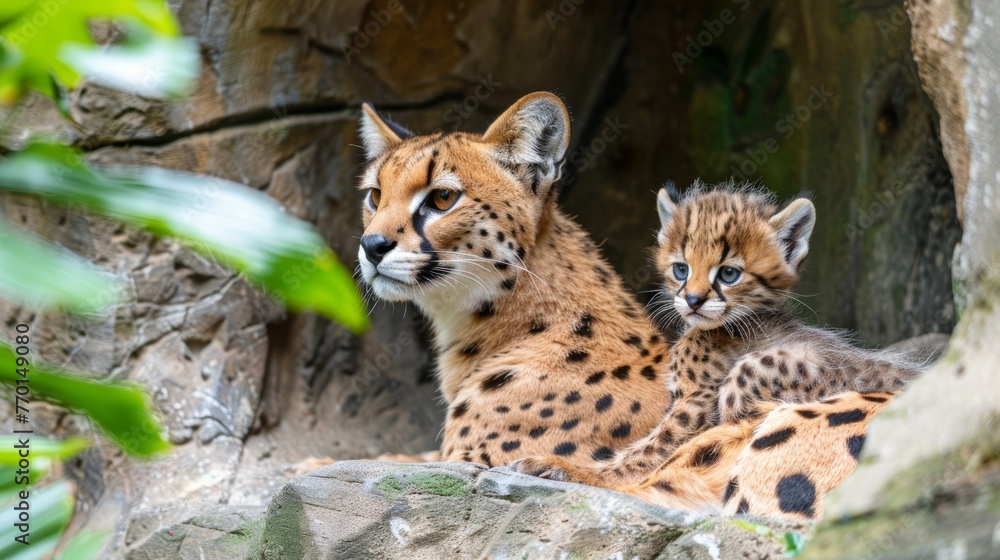 Obraz premium Male serval and serval kitten portrait with empty space for text, object on the side