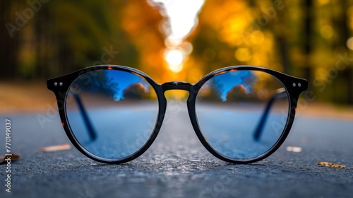 Fashionable glasses elegantly exhibited on the pavement of a vibrant urban street