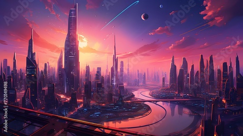 Futuristic city at sunset. Panoramic view of the city.