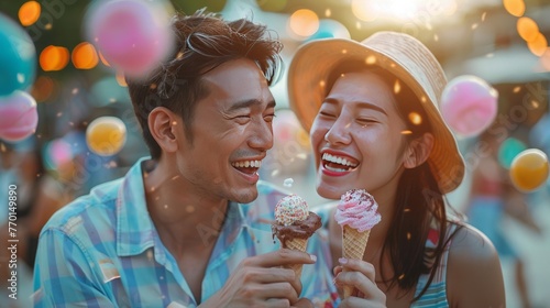 A couple is eating an ice cream