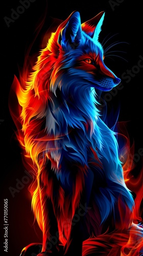 A red and blue fox sitting in the dark. A magical creature made of fire on black background.