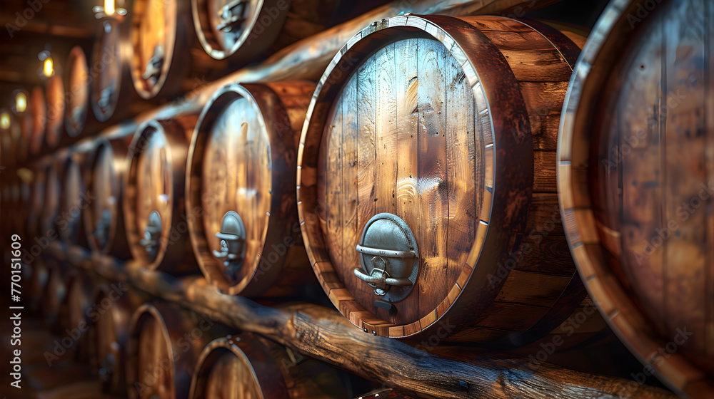 Closeup of old oak wooden barrels on cellar - obrazy, fototapety, plakaty 