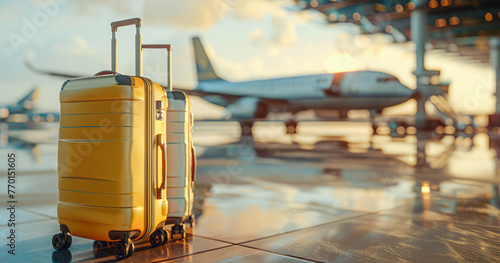Suitcases on airport floor with a blurred airplane backdrop