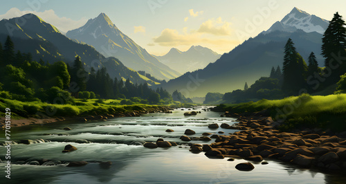 a picture of a river near a mountain