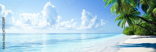 A beach with a palm tree and blue sky.banner,leisure concept