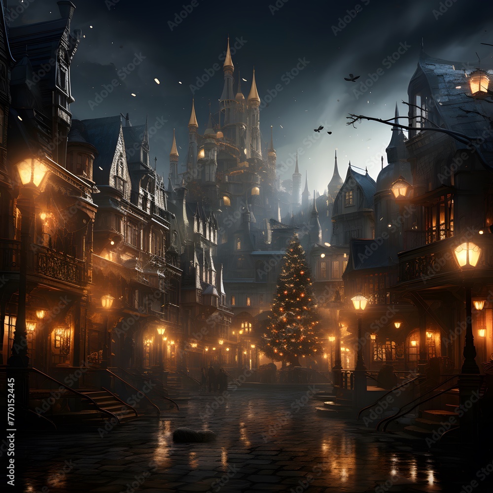 Christmas and New Year in the old town. Magical winter city.