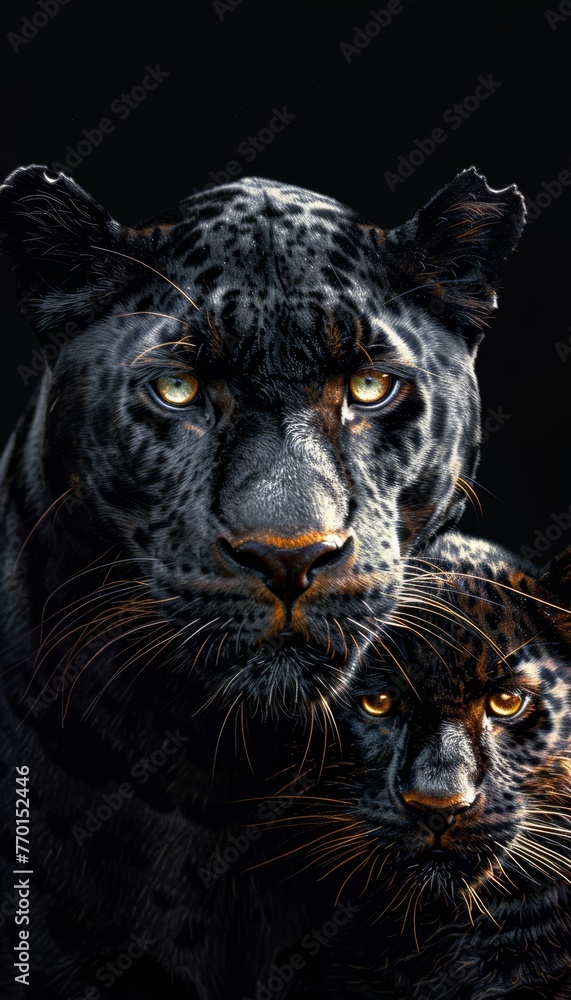 Panther and cub portrait with ample text space, object on right side for balanced composition