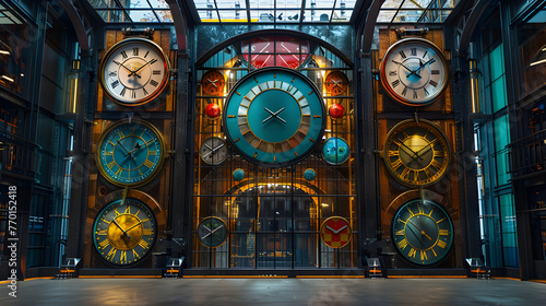 Clocks set to different time zones, surrounded by mirrors, reflecting the constant movement and global reach of busy people as they navigate different time zones and international photo