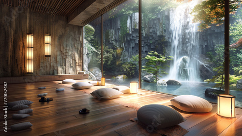 A serene meditation room with floor cushions, soft lighting, and a tranquil indoor waterfall.