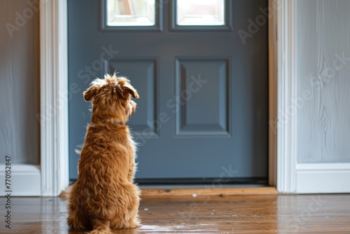 A loyal dog sits by the front door, patiently waiting for its owner to come home, exemplifying the bond between pets and their owners. photo