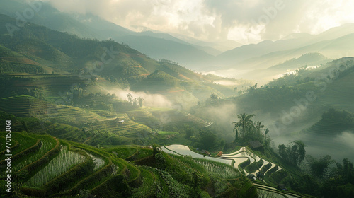 A tranquil rice paddy field with terraced hillsides and farmers working in the distance, surrounded by misty mountains photo